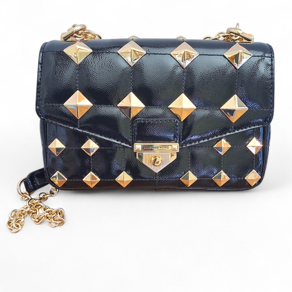 Michael Kors Whitney Studded Patent Leather Shoulder Bag Black Gold - Picture 1 of 15